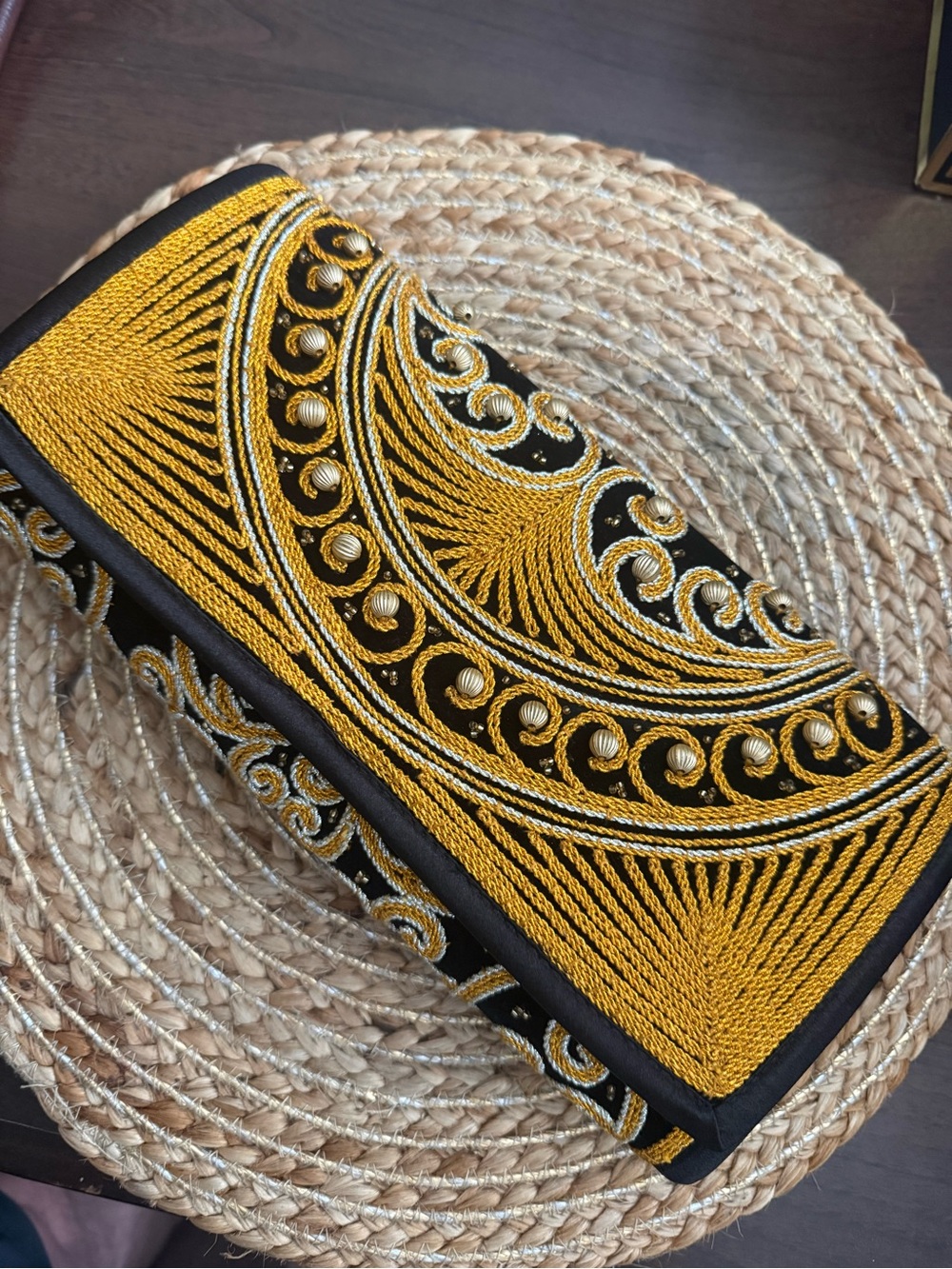 B.B. Queen Embroidered Black & Gold Evening Clutch| Boho Glam| Beaded Statement